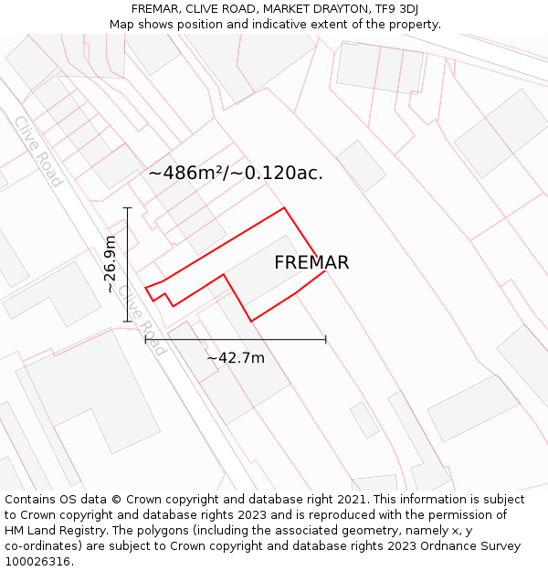 FREMAR, CLIVE ROAD, MARKET DRAYTON, TF9 3DJ: Plot and title map