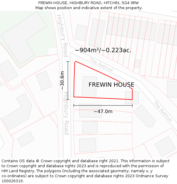 FREWIN HOUSE, HIGHBURY ROAD, HITCHIN, SG4 9RW: Plot and title map