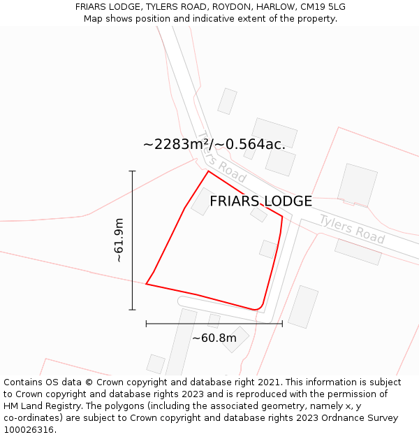 FRIARS LODGE, TYLERS ROAD, ROYDON, HARLOW, CM19 5LG: Plot and title map