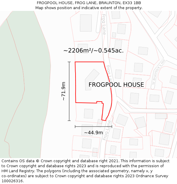 FROGPOOL HOUSE, FROG LANE, BRAUNTON, EX33 1BB: Plot and title map