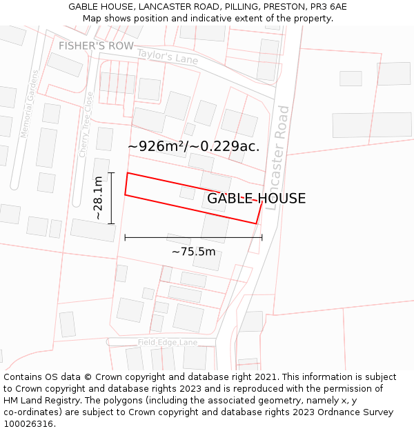 GABLE HOUSE, LANCASTER ROAD, PILLING, PRESTON, PR3 6AE: Plot and title map