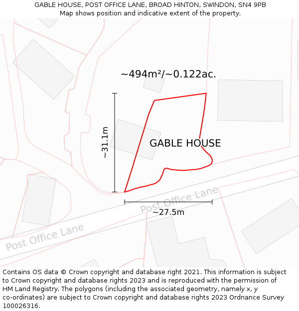 GABLE HOUSE, POST OFFICE LANE, BROAD HINTON, SWINDON, SN4 9PB: Plot and title map
