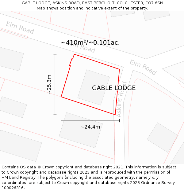 GABLE LODGE, ASKINS ROAD, EAST BERGHOLT, COLCHESTER, CO7 6SN: Plot and title map