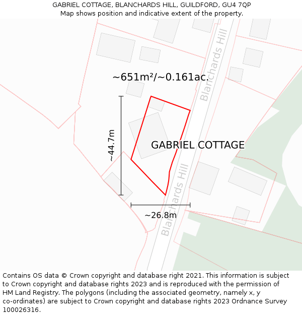 GABRIEL COTTAGE, BLANCHARDS HILL, GUILDFORD, GU4 7QP: Plot and title map