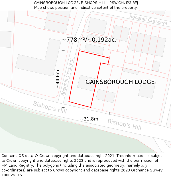 GAINSBOROUGH LODGE, BISHOPS HILL, IPSWICH, IP3 8EJ: Plot and title map