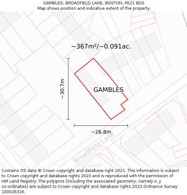 GAMBLES, BROADFIELD LANE, BOSTON, PE21 8DS: Plot and title map