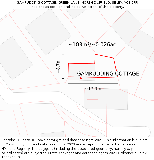 GAMRUDDING COTTAGE, GREEN LANE, NORTH DUFFIELD, SELBY, YO8 5RR: Plot and title map