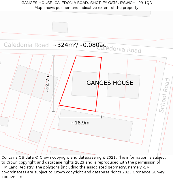 GANGES HOUSE, CALEDONIA ROAD, SHOTLEY GATE, IPSWICH, IP9 1QD: Plot and title map