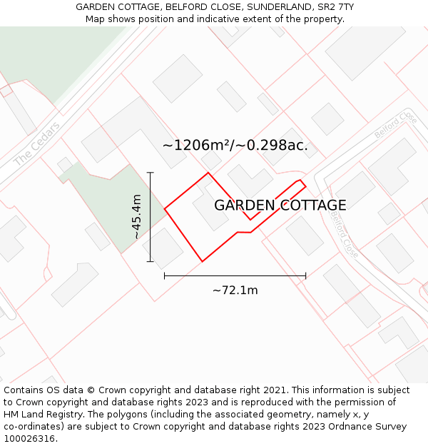 GARDEN COTTAGE, BELFORD CLOSE, SUNDERLAND, SR2 7TY: Plot and title map