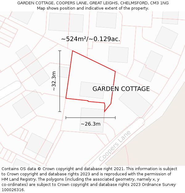 GARDEN COTTAGE, COOPERS LANE, GREAT LEIGHS, CHELMSFORD, CM3 1NG: Plot and title map