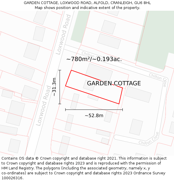 GARDEN COTTAGE, LOXWOOD ROAD, ALFOLD, CRANLEIGH, GU6 8HL: Plot and title map