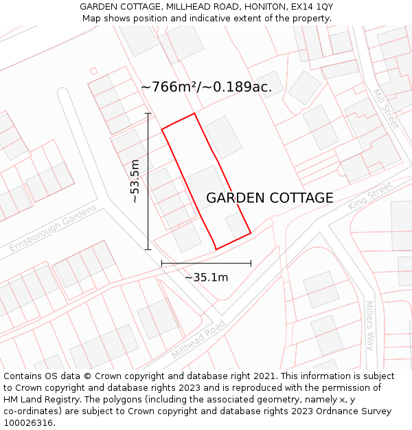 GARDEN COTTAGE, MILLHEAD ROAD, HONITON, EX14 1QY: Plot and title map