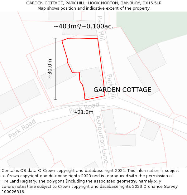 GARDEN COTTAGE, PARK HILL, HOOK NORTON, BANBURY, OX15 5LP: Plot and title map