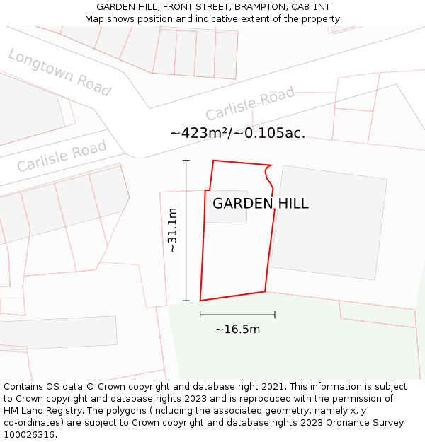 GARDEN HILL, FRONT STREET, BRAMPTON, CA8 1NT: Plot and title map