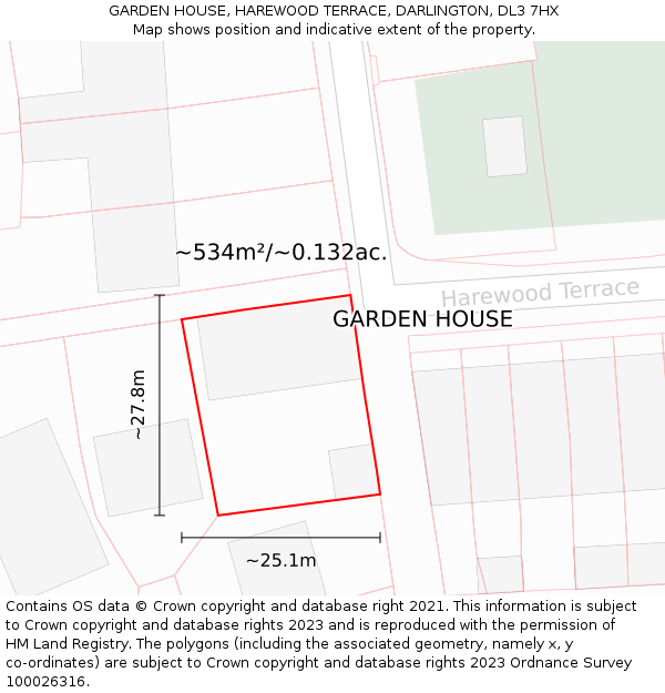 GARDEN HOUSE, HAREWOOD TERRACE, DARLINGTON, DL3 7HX: Plot and title map