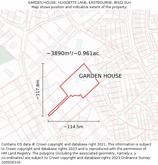 GARDEN HOUSE, HUGGETTS LANE, EASTBOURNE, BN22 0LH: Plot and title map