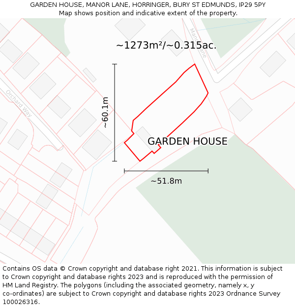 GARDEN HOUSE, MANOR LANE, HORRINGER, BURY ST EDMUNDS, IP29 5PY: Plot and title map