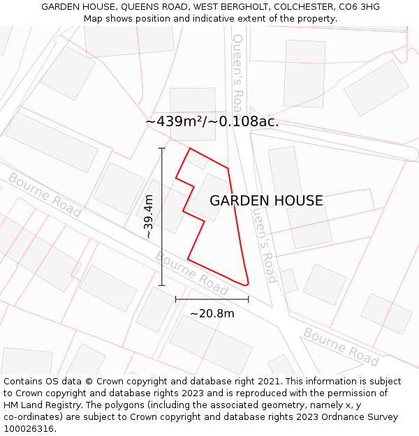 GARDEN HOUSE, QUEENS ROAD, WEST BERGHOLT, COLCHESTER, CO6 3HG: Plot and title map