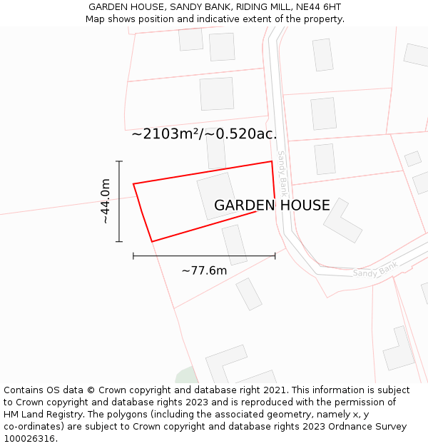 GARDEN HOUSE, SANDY BANK, RIDING MILL, NE44 6HT: Plot and title map