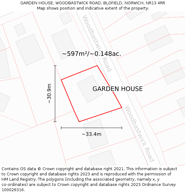 GARDEN HOUSE, WOODBASTWICK ROAD, BLOFIELD, NORWICH, NR13 4RR: Plot and title map