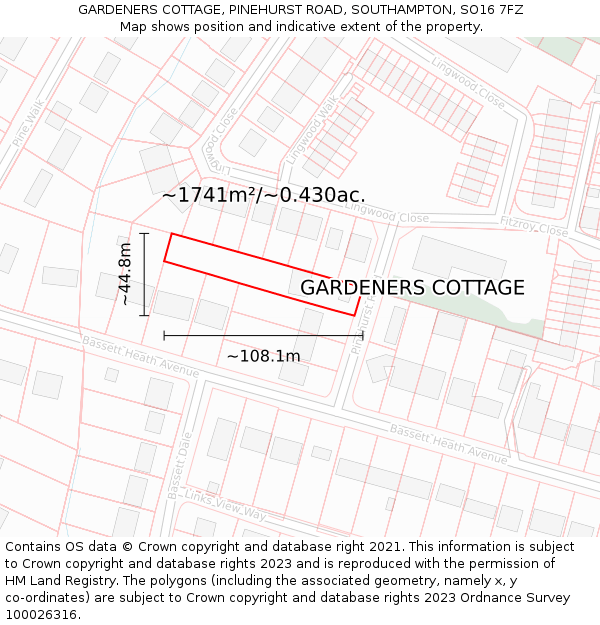 GARDENERS COTTAGE, PINEHURST ROAD, SOUTHAMPTON, SO16 7FZ: Plot and title map