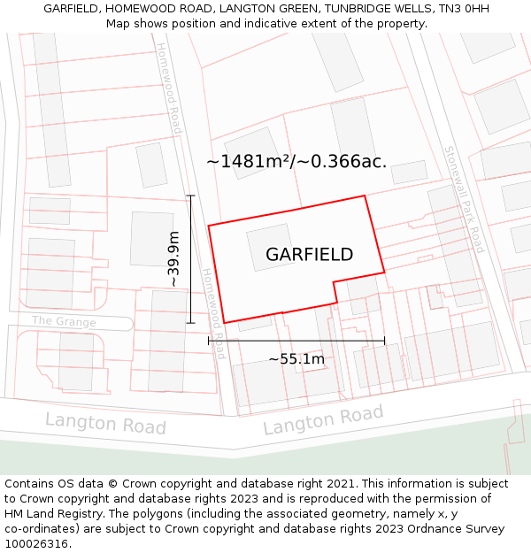 GARFIELD, HOMEWOOD ROAD, LANGTON GREEN, TUNBRIDGE WELLS, TN3 0HH: Plot and title map
