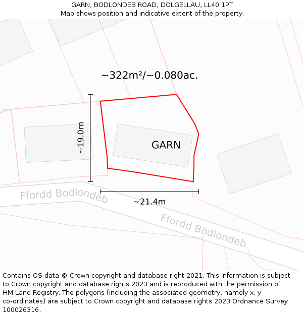 GARN, BODLONDEB ROAD, DOLGELLAU, LL40 1PT: Plot and title map