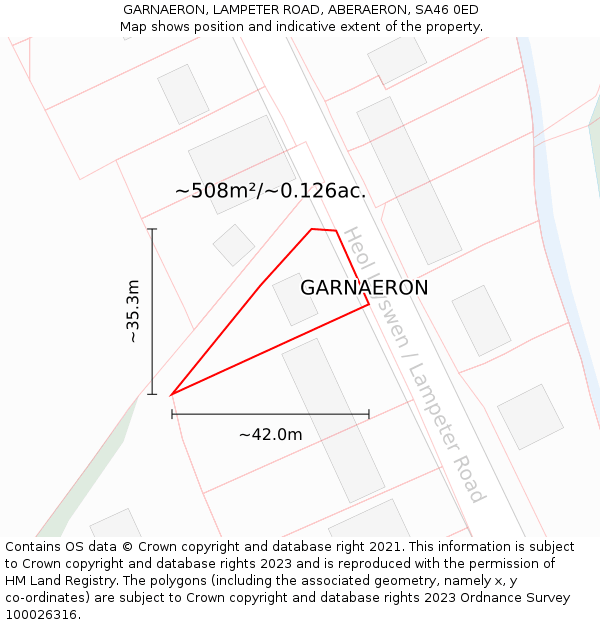 GARNAERON, LAMPETER ROAD, ABERAERON, SA46 0ED: Plot and title map