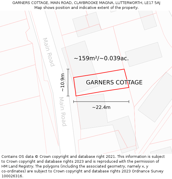 GARNERS COTTAGE, MAIN ROAD, CLAYBROOKE MAGNA, LUTTERWORTH, LE17 5AJ: Plot and title map