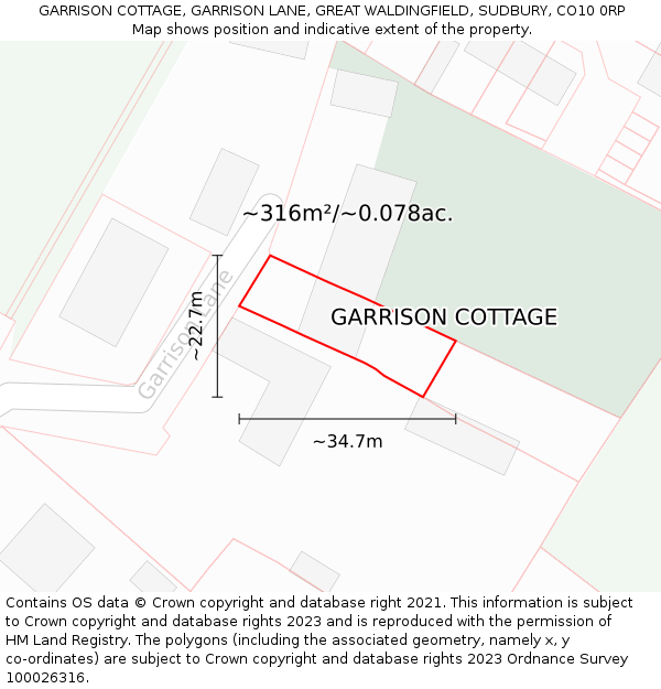 GARRISON COTTAGE, GARRISON LANE, GREAT WALDINGFIELD, SUDBURY, CO10 0RP: Plot and title map