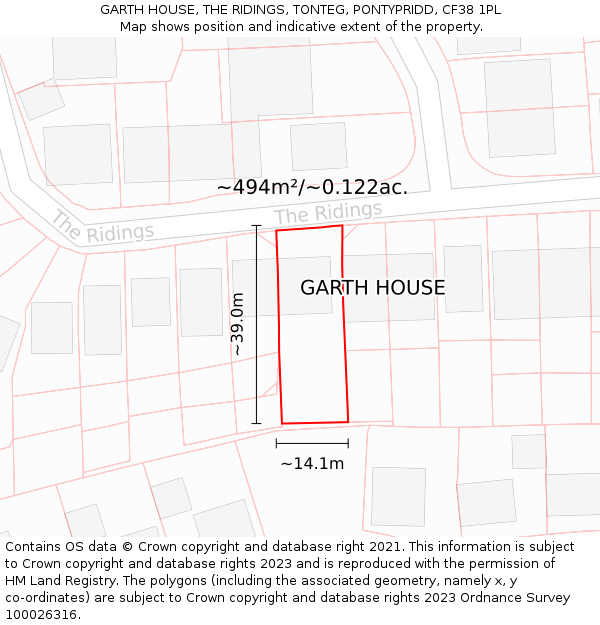 GARTH HOUSE, THE RIDINGS, TONTEG, PONTYPRIDD, CF38 1PL: Plot and title map