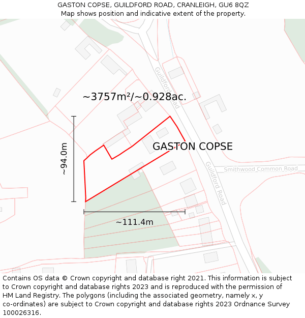 GASTON COPSE, GUILDFORD ROAD, CRANLEIGH, GU6 8QZ: Plot and title map