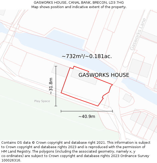 GASWORKS HOUSE, CANAL BANK, BRECON, LD3 7HG: Plot and title map