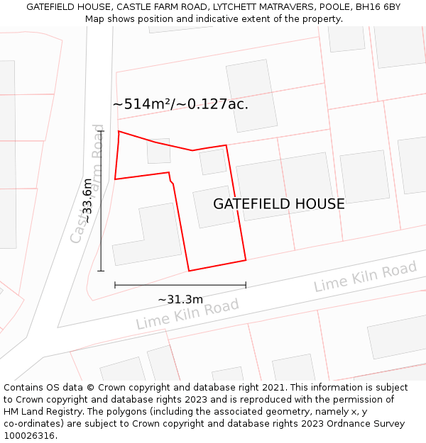 GATEFIELD HOUSE, CASTLE FARM ROAD, LYTCHETT MATRAVERS, POOLE, BH16 6BY: Plot and title map