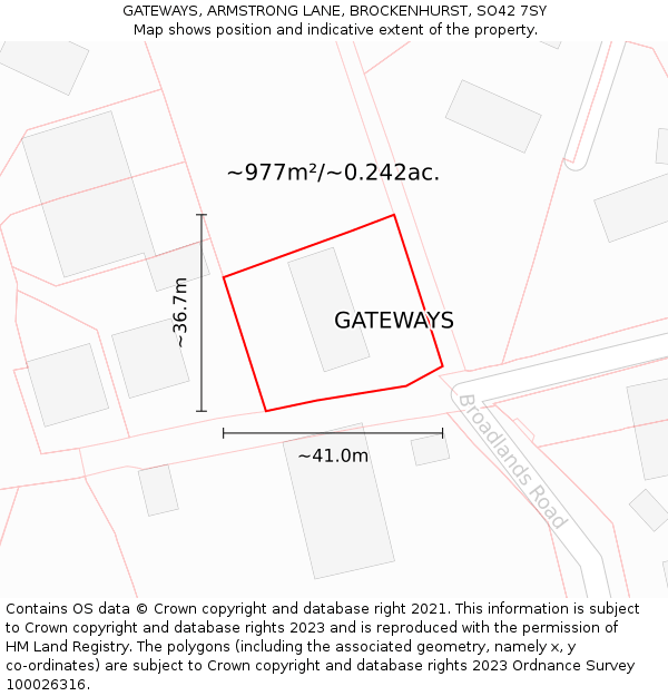 GATEWAYS, ARMSTRONG LANE, BROCKENHURST, SO42 7SY: Plot and title map
