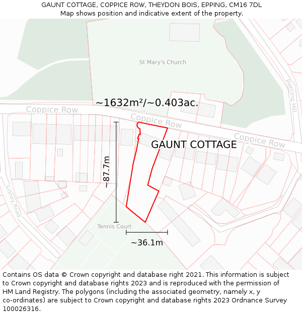 GAUNT COTTAGE, COPPICE ROW, THEYDON BOIS, EPPING, CM16 7DL: Plot and title map