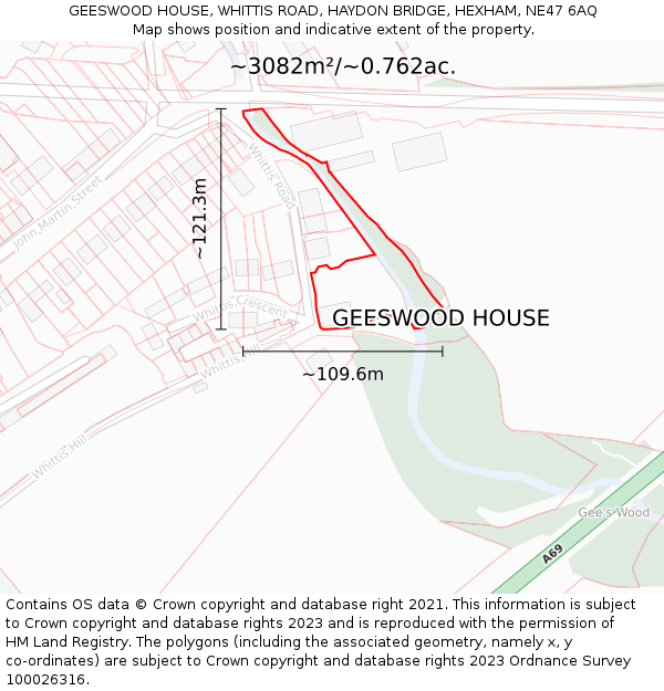 GEESWOOD HOUSE, WHITTIS ROAD, HAYDON BRIDGE, HEXHAM, NE47 6AQ: Plot and title map