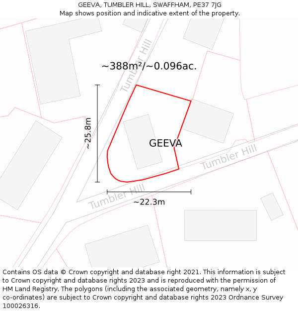 GEEVA, TUMBLER HILL, SWAFFHAM, PE37 7JG: Plot and title map