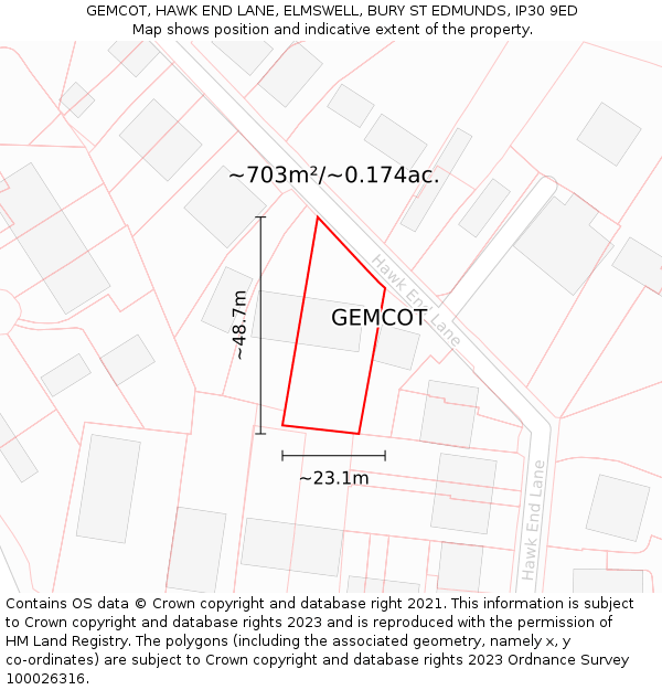 GEMCOT, HAWK END LANE, ELMSWELL, BURY ST EDMUNDS, IP30 9ED: Plot and title map