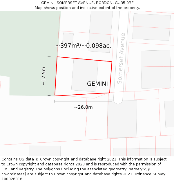 GEMINI, SOMERSET AVENUE, BORDON, GU35 0BE: Plot and title map