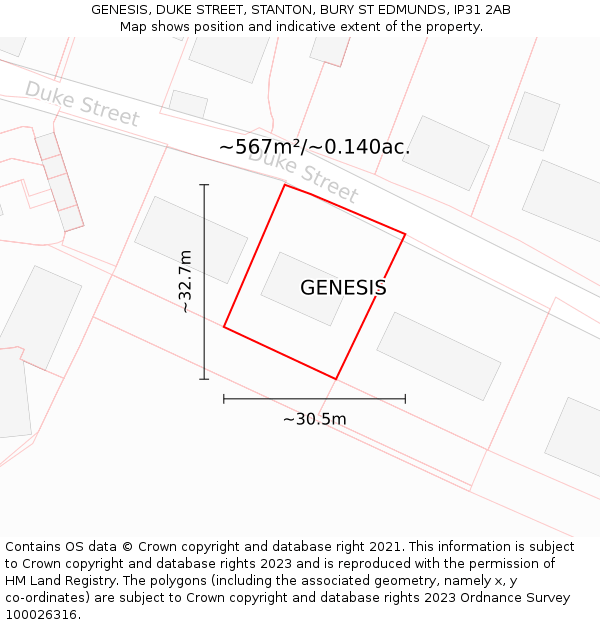 GENESIS, DUKE STREET, STANTON, BURY ST EDMUNDS, IP31 2AB: Plot and title map