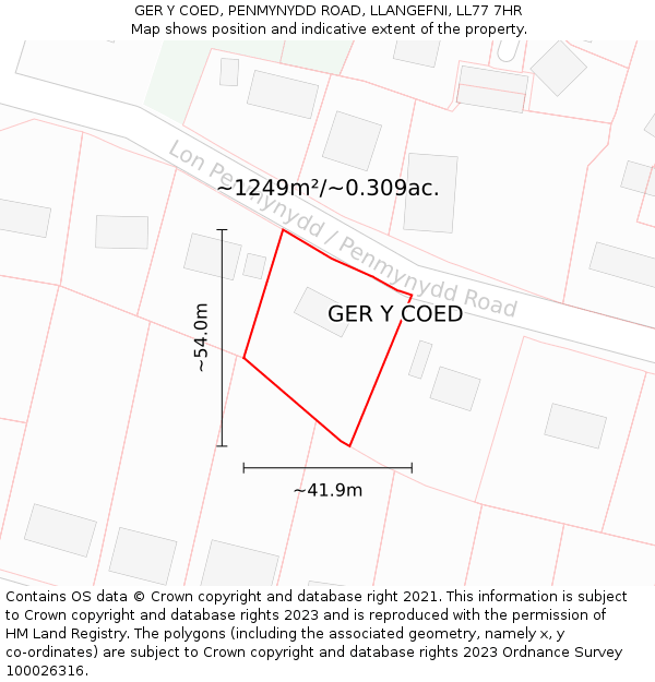 GER Y COED, PENMYNYDD ROAD, LLANGEFNI, LL77 7HR: Plot and title map