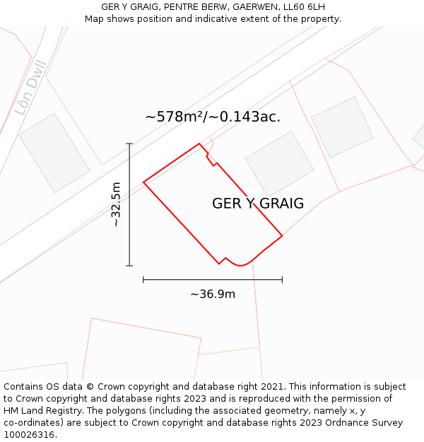 GER Y GRAIG, PENTRE BERW, GAERWEN, LL60 6LH: Plot and title map