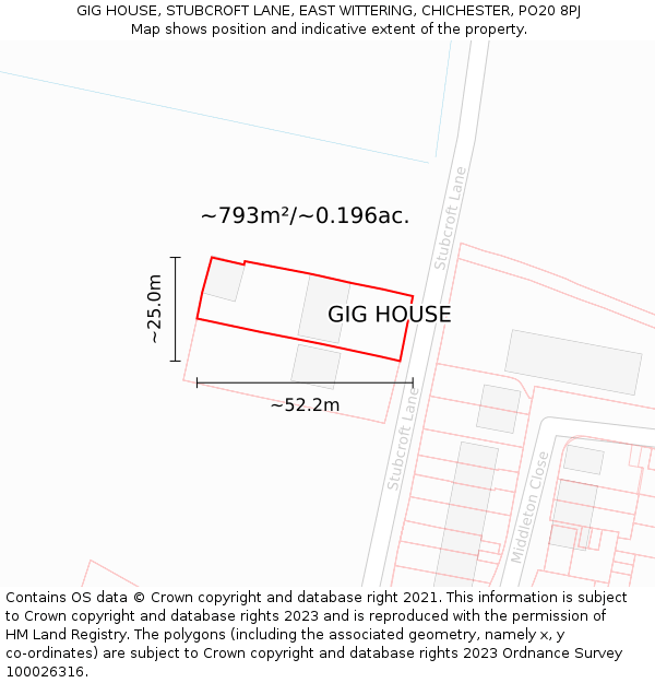 GIG HOUSE, STUBCROFT LANE, EAST WITTERING, CHICHESTER, PO20 8PJ: Plot and title map