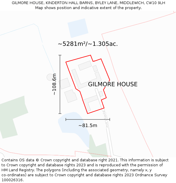 GILMORE HOUSE, KINDERTON HALL BARNS, BYLEY LANE, MIDDLEWICH, CW10 9LH: Plot and title map