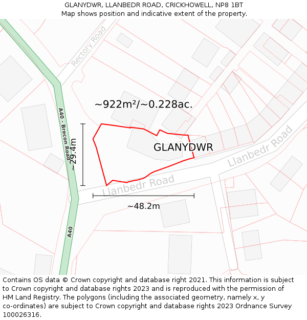 GLANYDWR, LLANBEDR ROAD, CRICKHOWELL, NP8 1BT: Plot and title map