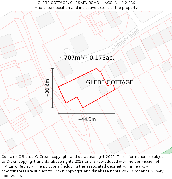 GLEBE COTTAGE, CHESNEY ROAD, LINCOLN, LN2 4RX: Plot and title map