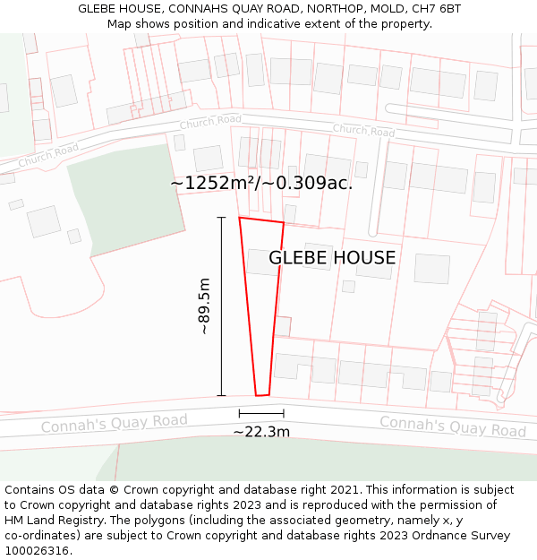 GLEBE HOUSE, CONNAHS QUAY ROAD, NORTHOP, MOLD, CH7 6BT: Plot and title map