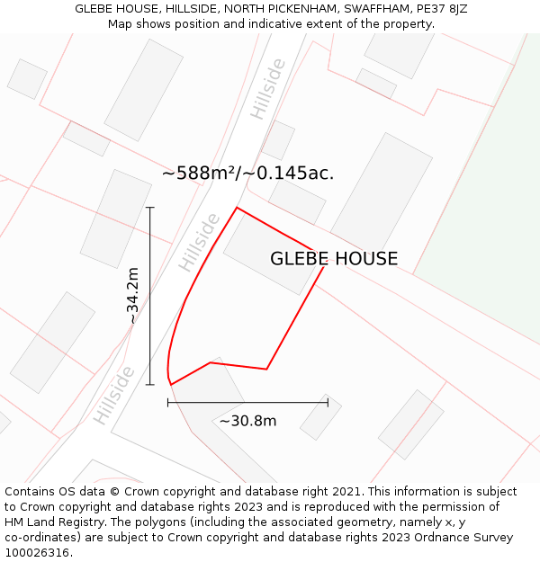 GLEBE HOUSE, HILLSIDE, NORTH PICKENHAM, SWAFFHAM, PE37 8JZ: Plot and title map