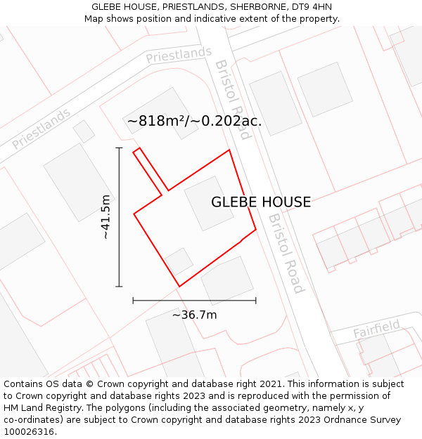 GLEBE HOUSE, PRIESTLANDS, SHERBORNE, DT9 4HN: Plot and title map